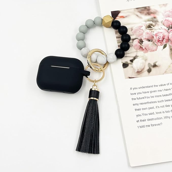 Compatible with Airpods Pro Soft Silicone Case Cover with Bracelet Keychain for Apple Airpod Pro 1st Generation Case for Women (Black)