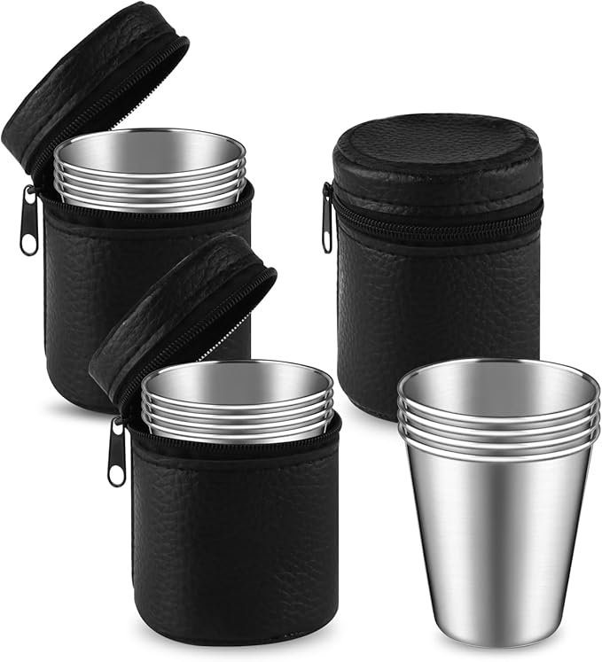 3 Set/12Pcs 70ml Stainless Steel Cups with Storage Bag Metal Drinking Cups Stackable Water Tumblers for Bar Home Travel Office Outdoor Camping,4 Pcs/Set,Dishwasher Safe