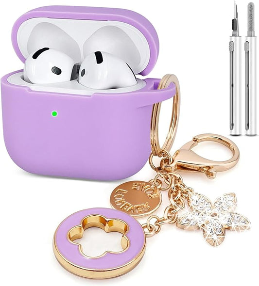Airpods 4 Cases Silicone Protective Case for Airpod 4 with Bling Keychain for Apple AirPods 4th Generation Wireless Earbuds with Cleaner Kit (Light Purple)