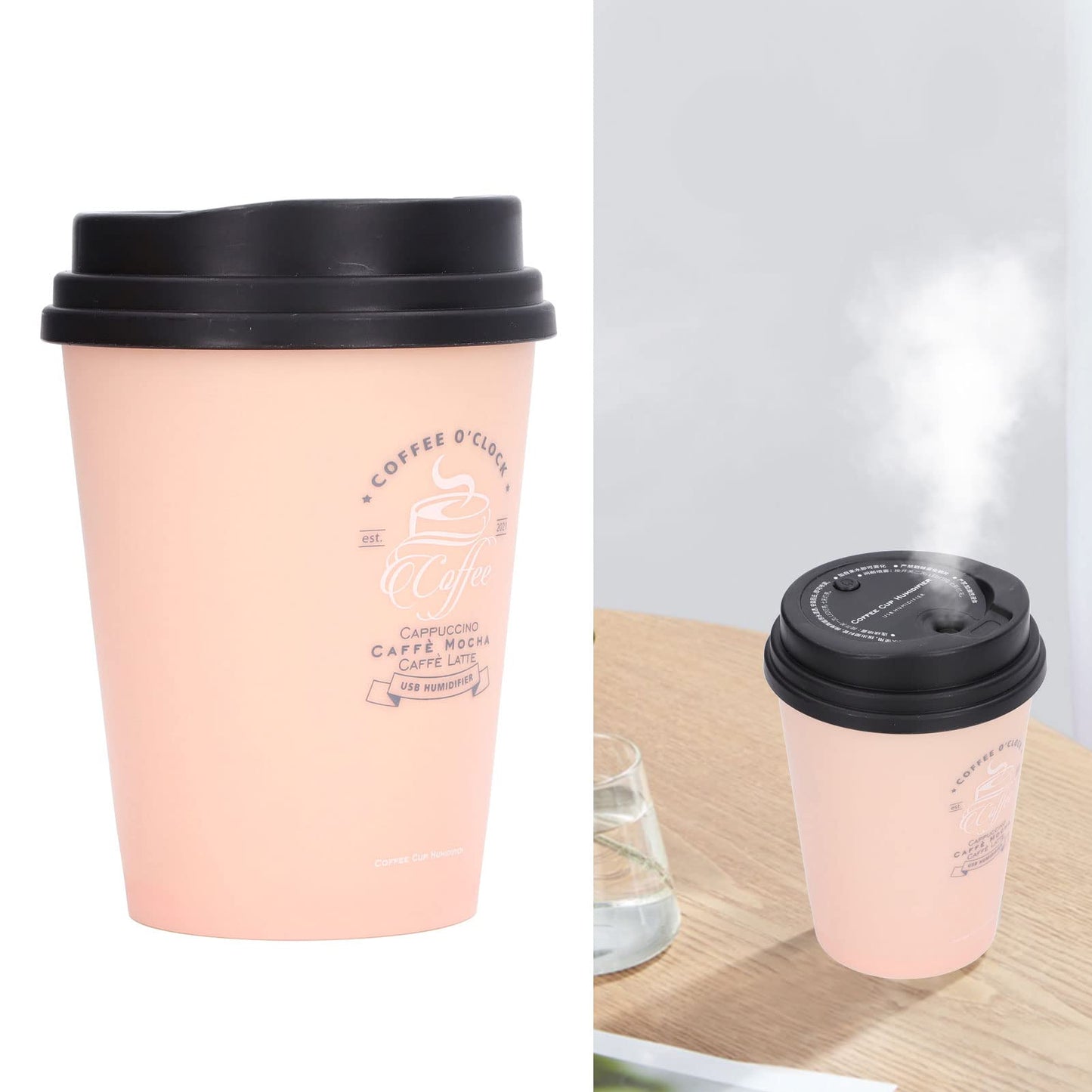 Mini Humidifier, USB 300ml Coffee Cup Low Noise Auto Off Desk Humidifier, Car Humidifier Diffuser, Small Humidifier, Portable Humidifier for Travel, Cute Humidifiers for Bedroom Home Office(Pink)
