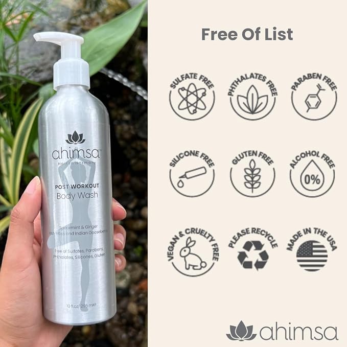 Ahimsa Natural Body Wash for Women | Hydrating & Moisturizing Body Wash Sensitive Skin | Antioxidant-Rich Bath & Shower Gels with Spearmint & Ginger | Gentle, Plant-Based, Organic Formula | 10oz