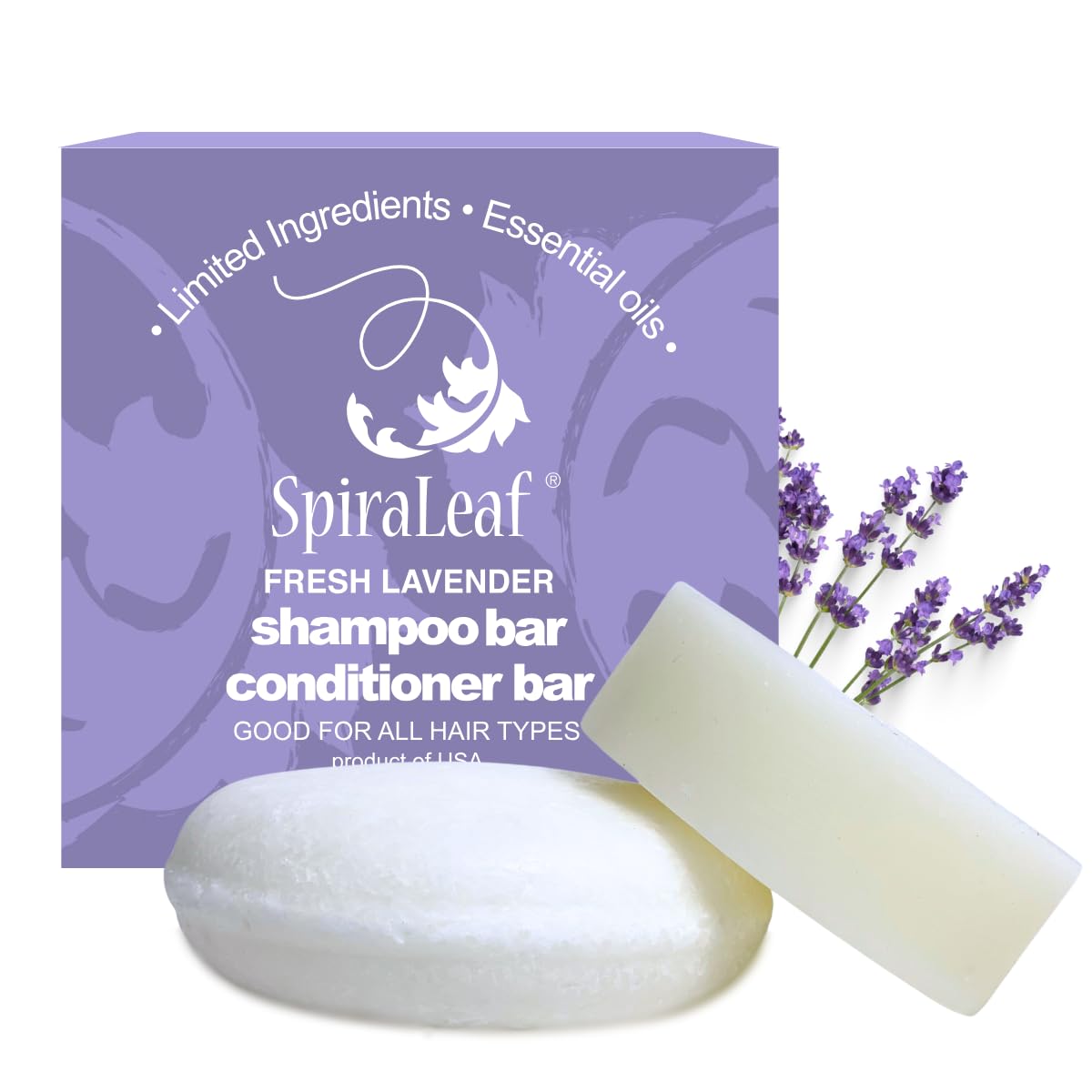 SPIRALEAF Solid Shampoo Bar & Conditioner Bar Set, FRESH LAVENDER Essential Oil Blend, Limited Ingredients, Concentrated Formula, Fragrance-Free, Dye-Free, Premium Hair Care and Shave Bars