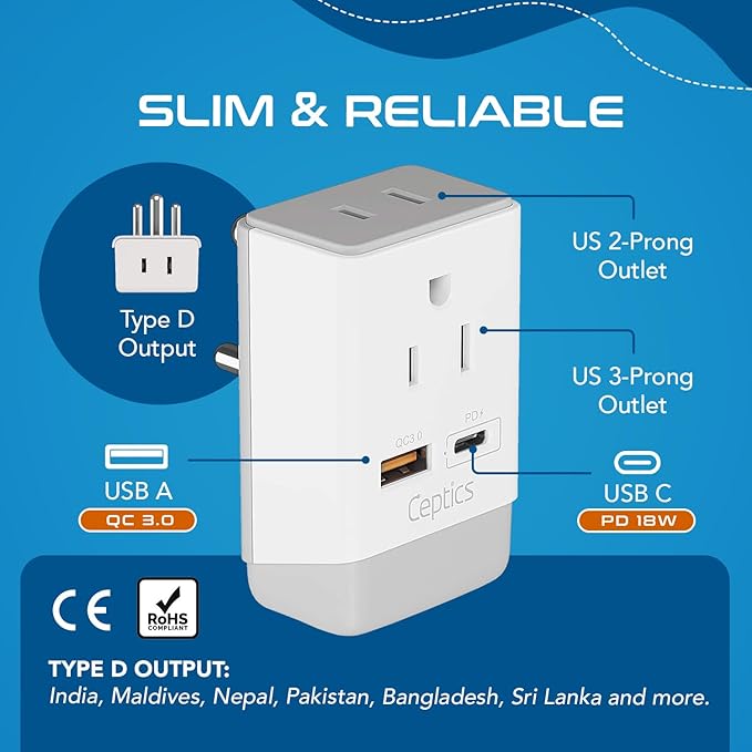 Ceptics US to India Plug Adapter, Type D Plug Adapter QC 3.0 & PD, Safe USB & USB-C 18W, India Plug Adapter Fast Charging - 2 USA Socket Compact & Powerful - Use in Pakistan Nepal Sri Lanka - AP-10