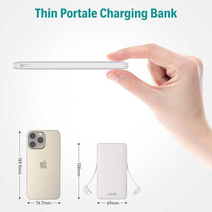 10000mAh Slim Power Bank with Built in Cable,Thin Lightweight Portable Phone Charger,4 Output USB C Travel Essentials External Battery Pack Clutch Charger for iPhone,Samsung,Android,Heated Vest,White