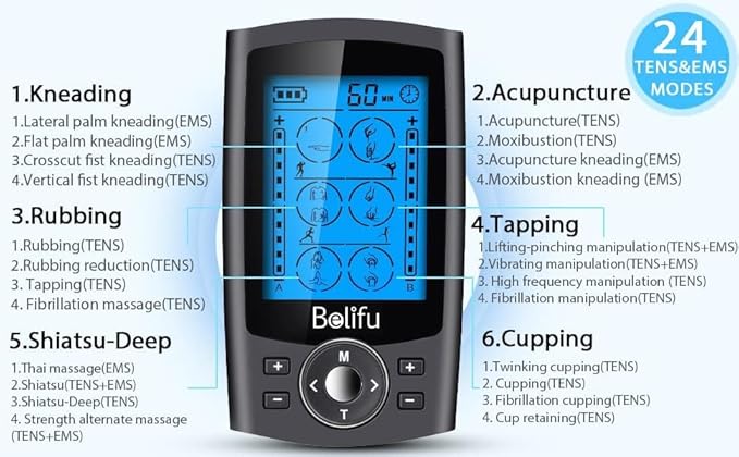 Belifu Dual Channel TENS EMS Unit with 12 Pads, 24 Modes Muscle Stimulator, Electronic Pulse Massager Muscle Massager for Pain Relief Therapy, Fastening Cable Ties, Dust-Proof Drawstring Storage Bag