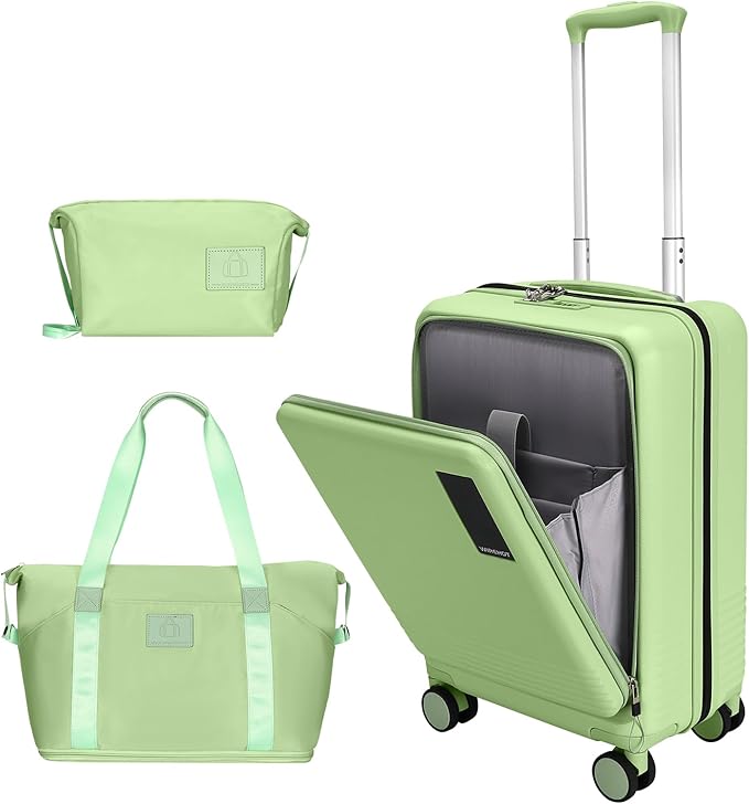 20 inch Carry On Luggage Front Open Pocket Extension Bag, ABS+PC Suitcase with Spinner Wheels TSA Lock & YKK Zipper, 20in/Toiletry Bag/Handbag, Light Avocado Green
