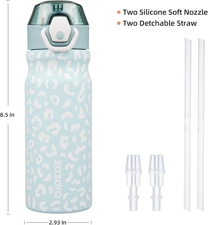 BJPKPK Insulated Water Bottle 18oz Stainless Steel Water Bottles With Straw And Carry Handle Double Wall Metal Thermo,Light Blue Leopard