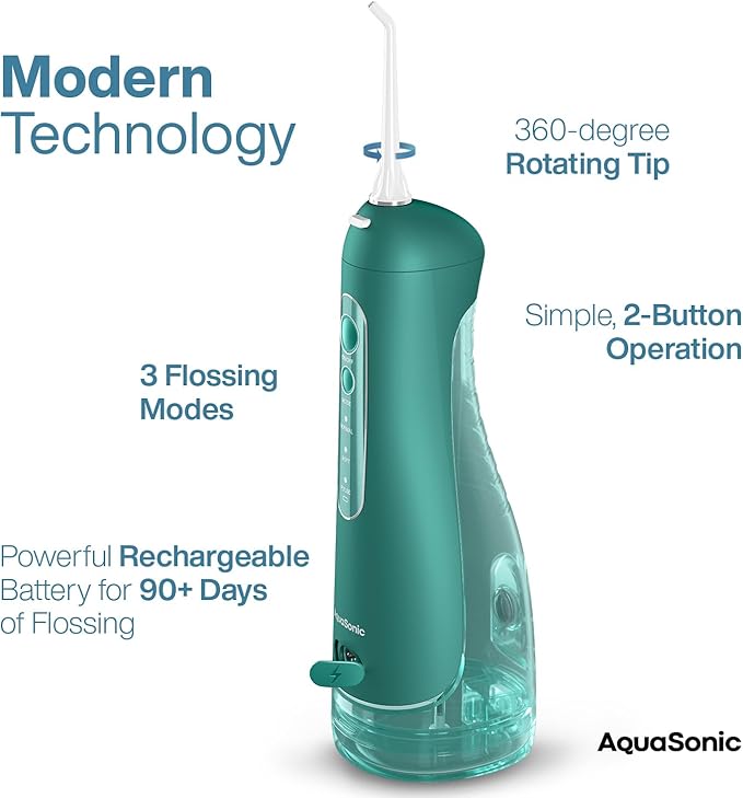 AquaSonic Aqua Flosser PRO - Rechargeable Cordless Water Flosser for Teeth, Gums & Tongue - Modern Design, 300ml Large Tank, 6 Jet Tips with Deluxe Tongue Nozzle, 3 Modes, Waterproof Mint Green