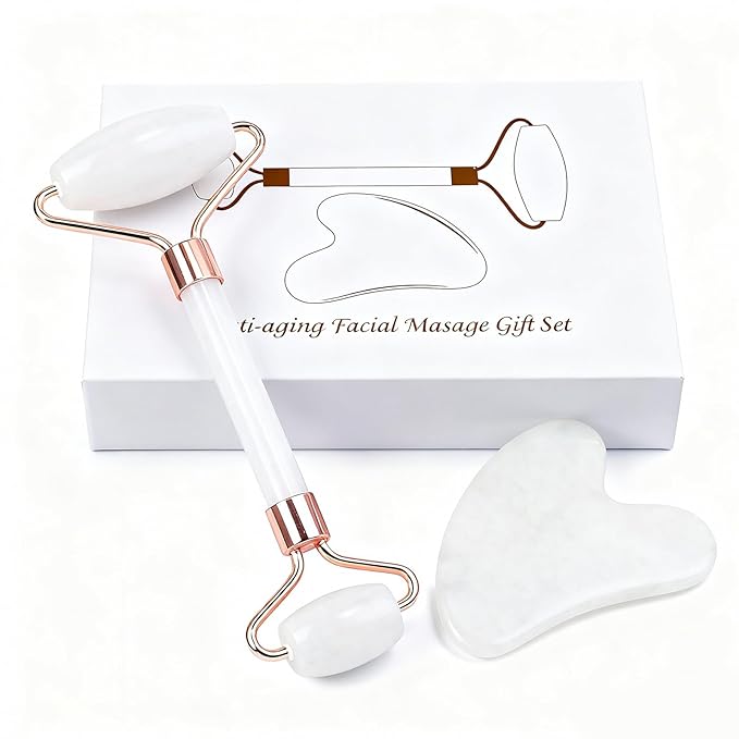 Jade roller and gua sha, facial roller, women's skincare tool, self-care gift, face, eye, neck massager, relieves fine lines and wrinkles, aventurine, opal, rose quartz