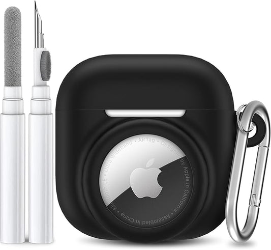 2 in 1 Silicone Case Compatible with AirPod 4 and AirTag, Shockproof Protective Skin Cover for AirPods 4th Generation with Cleaner Kit & Carabiner (Black)