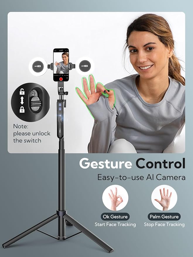 Auto Face Tracking Tripod 360 Rotation,Phone Tripod for iPhone w/Fill Light,Selfie Stick for iPhone w/Remote Control,70” Phone Holder Video Recording for Content Creators TikTok(UTK-02)
