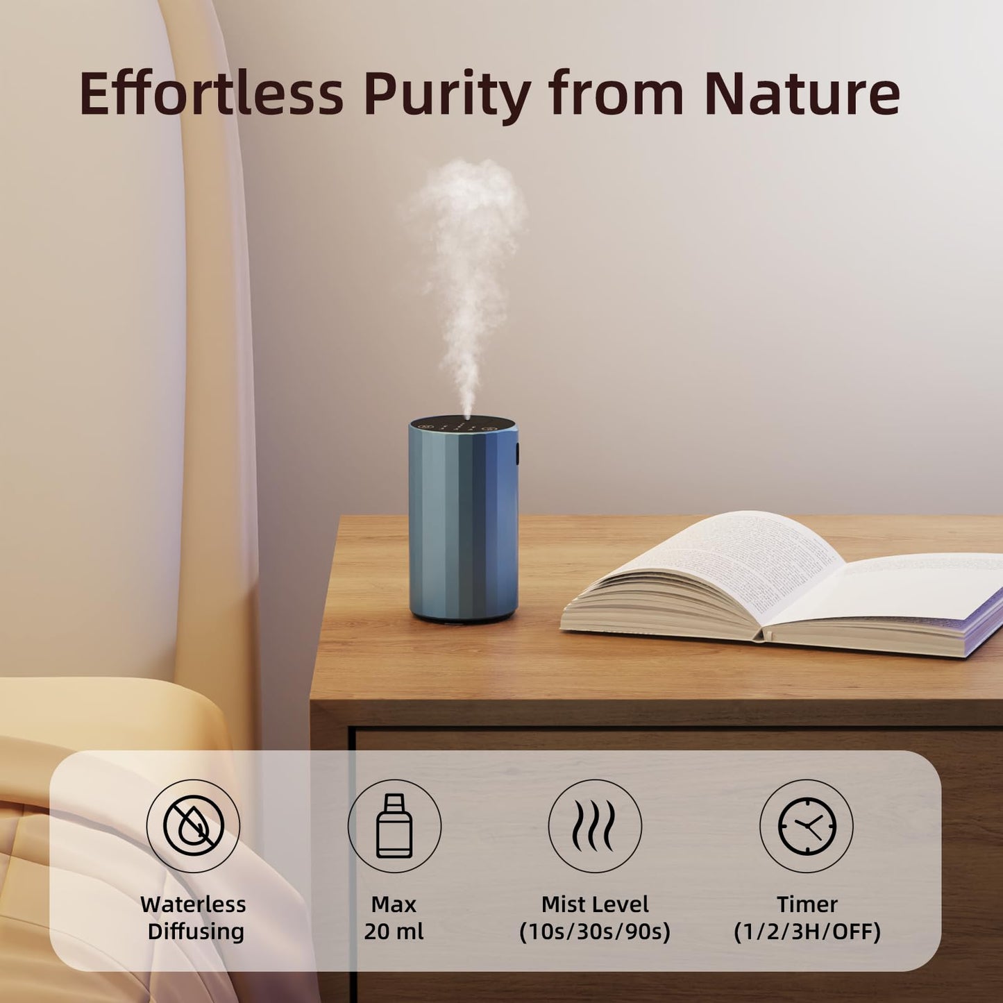 Waterless Essential Oil Diffuser Aromatherapy Scent Diffusers for Home Large Room, Bedroom, Car, Office, Desk, Battery Operated Mini Portable Air Freshener, 3 Countdown Timers & 3 Mist Levels