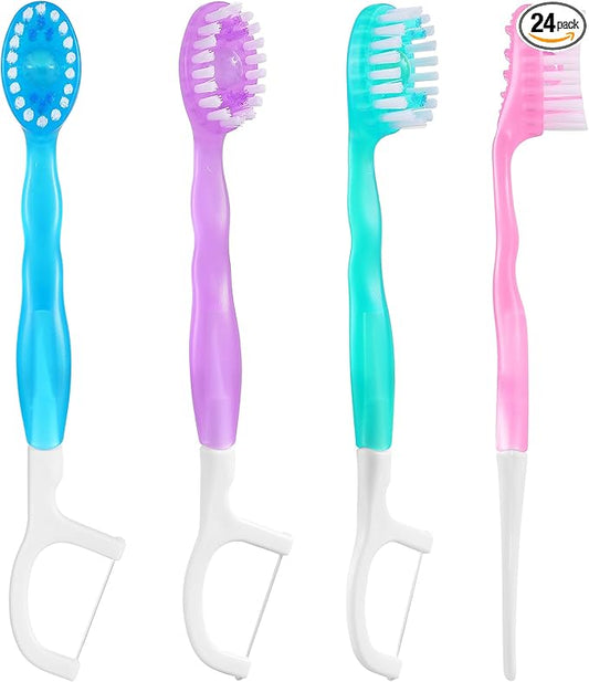 B Rush Prepasted All in 1 Toothbrush, Complete Oral Care 5 in 1 Toothbrush, Include Toothpaste,Tongue Cleaner,Dental Floss and Pick,Individual Wrapped Disposable for Travel and Daily Care, Pack of 24