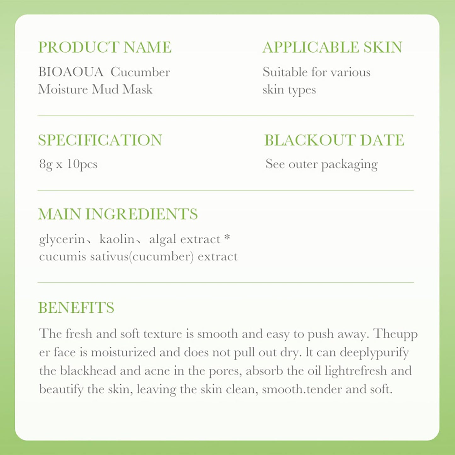 BIOAQUA Cucumber Moisturizing Facial Mud Mask Clean Pores Oil Control Refreshing Face Skin 8g x 10pcs