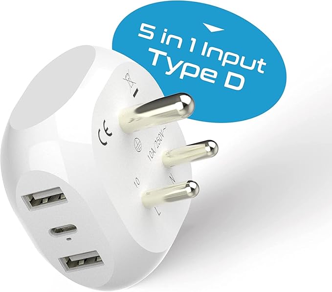 Ceptics India, Pakistan Travel Adapter - 5 Input with QC 3.1A Dual USB and USB-C - Ultra Compact - Light Weight - USA to Any Type D Countries Such as Bangladesh, Maldives and More (PTU-10), White