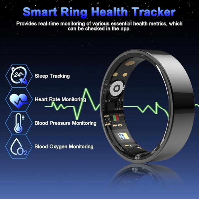 Black 13# Smart Ring Health Tracker, Bluetooth Connection Health Ring for Women Men, IP68 Waterproof Fitness Ring with Gesture Control, Tracks Heart Rate/Blood Pressure/SpO2/Sleep/Steps