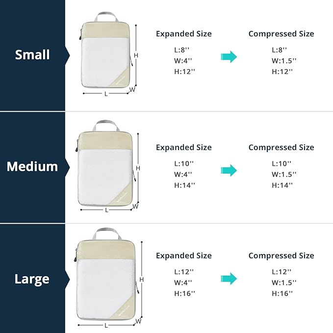 Compression Packing Cubes 6 Set, Compressible Space-Saving Packing Cubes for Travel - Compression Bags, Luggage Organizer, Travel Essentials for Women, Beige