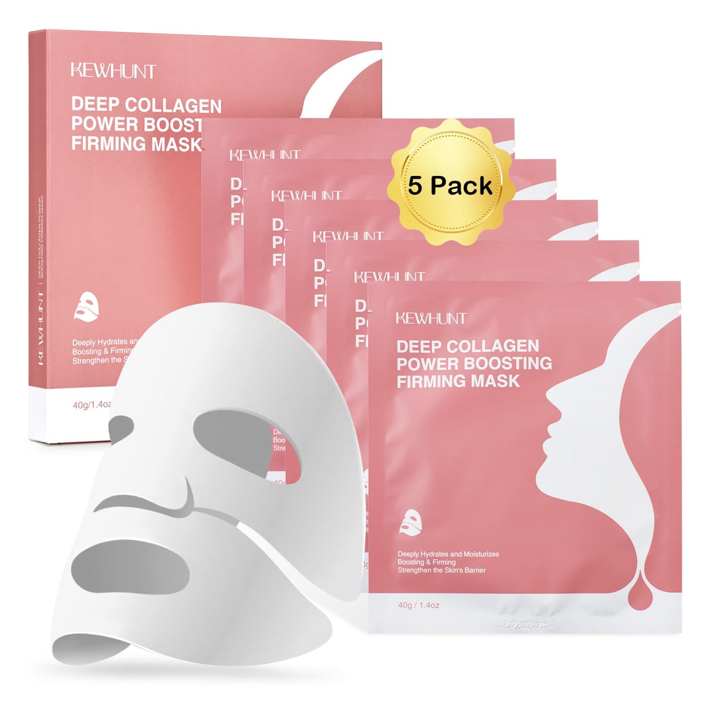 Kewhunt Deep Collagen Face Mask Overnight, Bio- Collagen Mask Real Deep Mask, Hydrating Hydrogel Masks with Low Molecular Collagen for Firming, Elasticity, Pore Minimizing 40g x 5ea