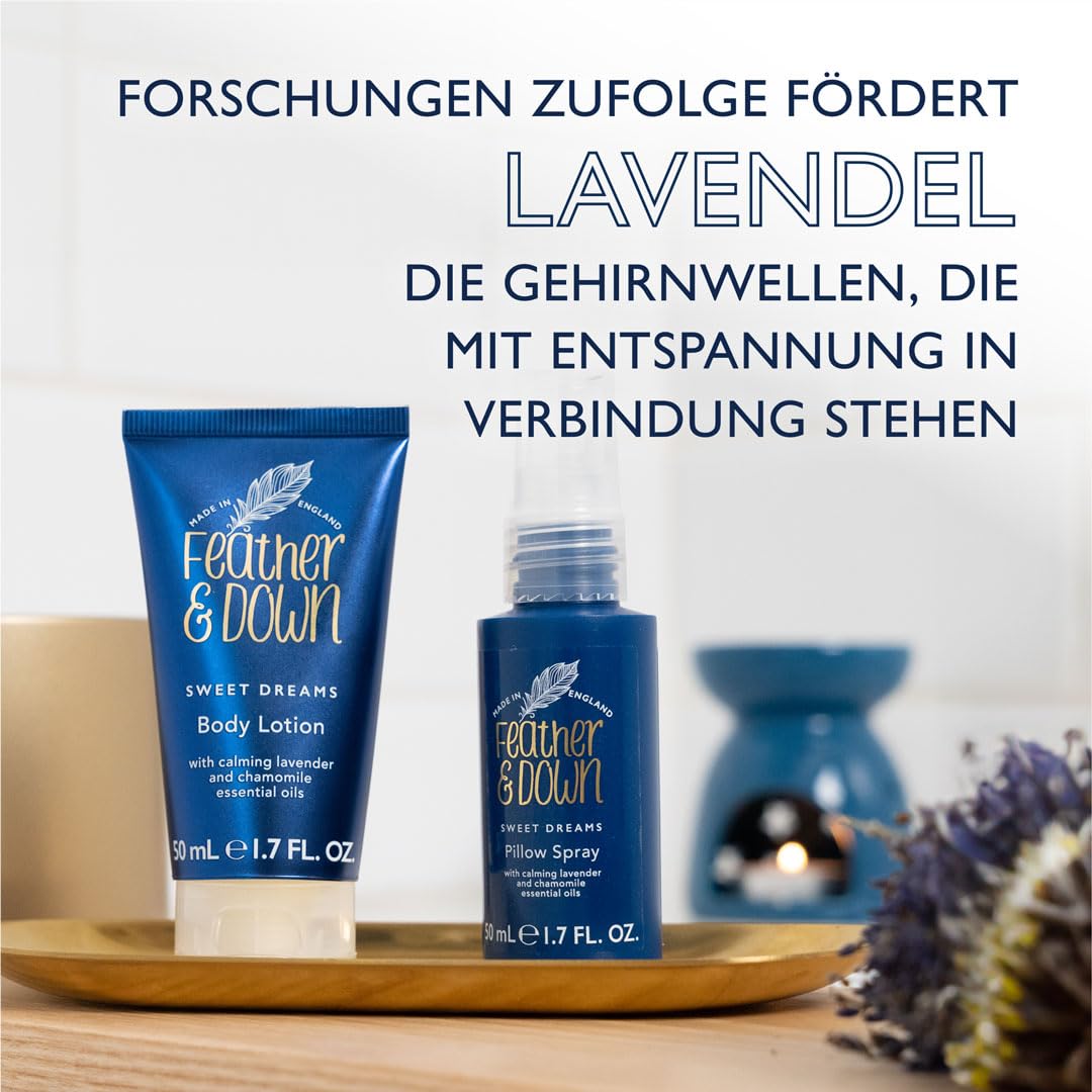 Feather & Down Straight to Sleep Gift Set (50ml Pillow Spray & 50ml Body Lotion) - The perfect sleep duo, infused with lavender & chamomile essential oils. Vegan Friendly & Cruelty Free.