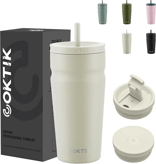 COKTIK 20oz Insulated Tumbler with Lid and Straw 2 Lids (Straw/Flip) Iced Coffee Cup Reusable Stainless Steel Travel Mug Water Bottle Cupholder Friendly for Women Men Her Him (Almond Birch)