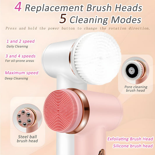4 in 1 Facial Cleansing Brush, Multi-Function Electrical Face Wash Brush with 5 Speed Adjustable, IPX6 Waterproof Portable Face Scrubber for Deep Cleansing and Exfoliating