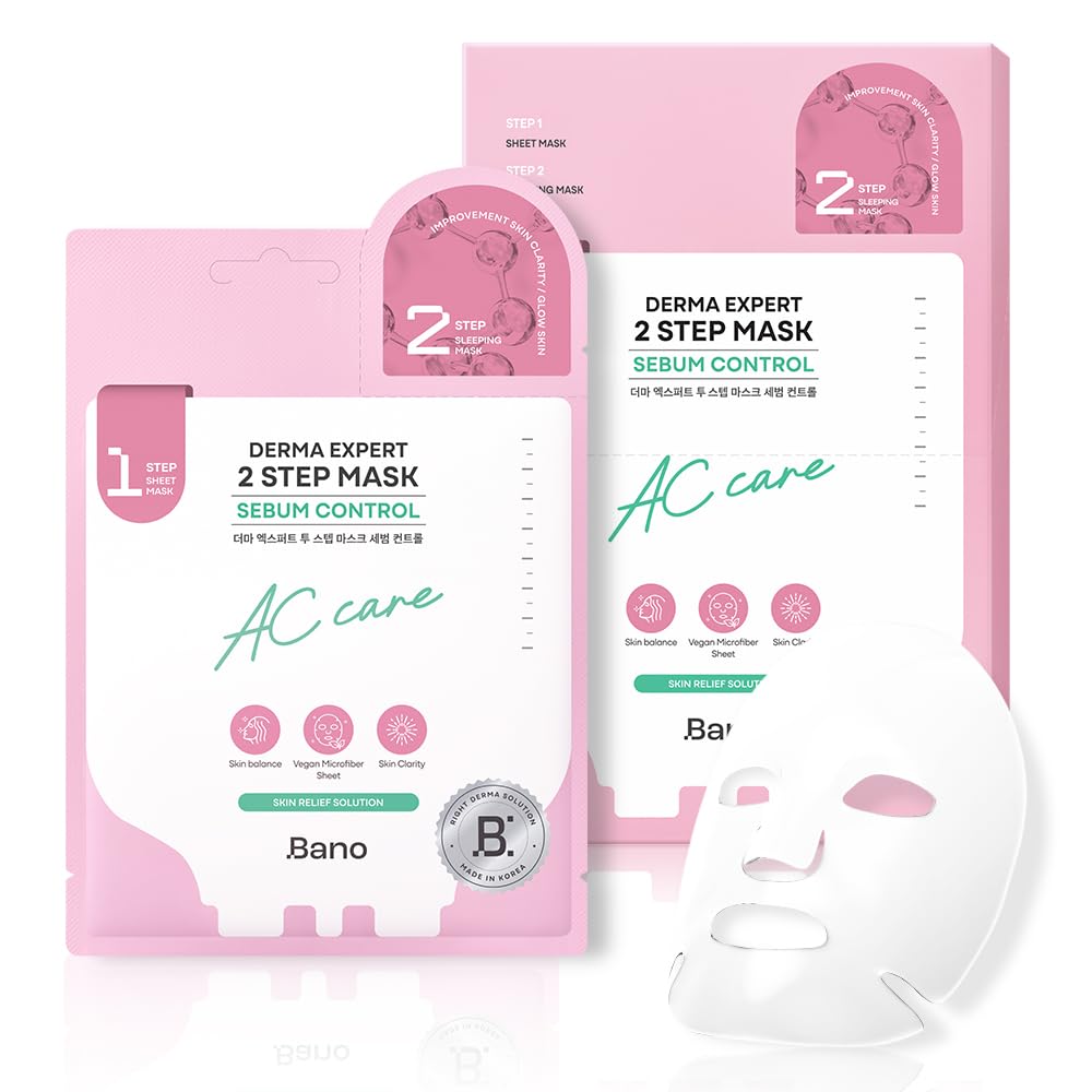 Bano Derma Expert 2 Step Sebum Control Face Mask – 2 in 1 Soothing Sheet & Sleeping Mask with Salicylic Acid, Niacinamide & Hyaluronic Acid | Support Glow for Glass Skin | Korean Skincare | 7 Sheets
