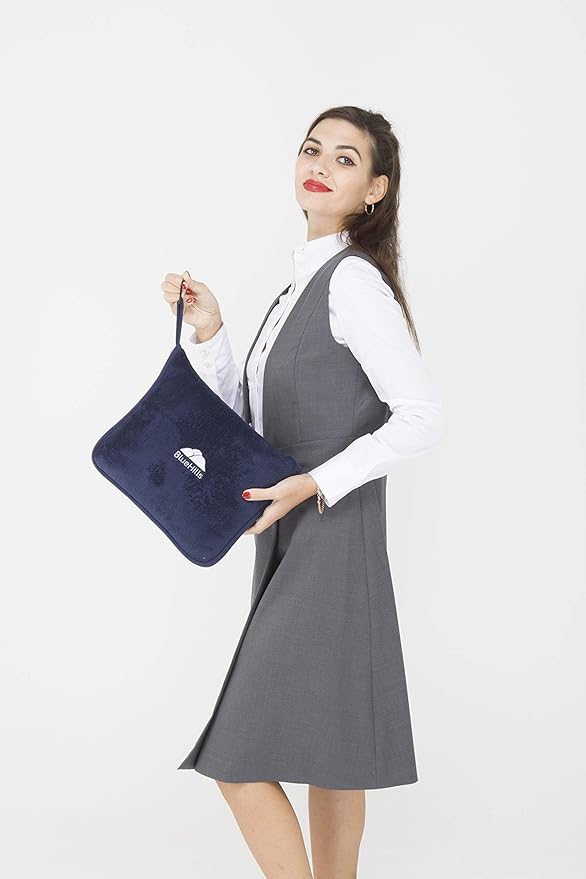 BlueHills Premium Soft Travel Blanket Pillow Airplane Blanket Packed in Soft Bag Pillowcase with Hand Luggage Belt Compact Pack Large Long Flight Essentials Portable Navy Blue T002