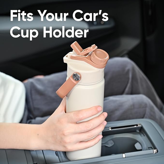 24 oz Insulated Water Bottle, 2-in-1 Lid, Straw & Spout with Protected, Leak Proof, Keep Cold, Stainless Steel, Metal, Reusable, Handle, for Travel, Gym and School, 2 Lids, Mousse