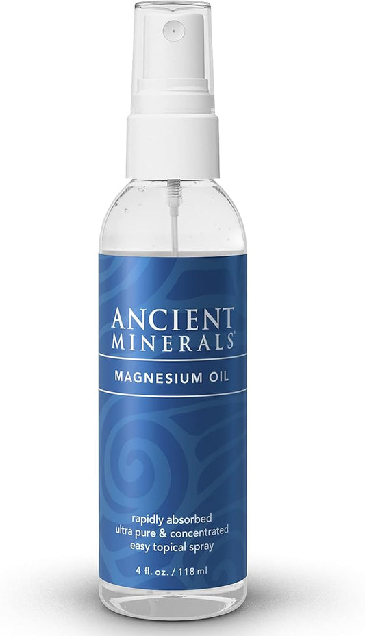 Ancient Minerals Magnesium Oil Spray Bottle of Pure Genuine Zechstein Magnesium Chloride - Topical Magnesium for Skin Application (4fl oz)