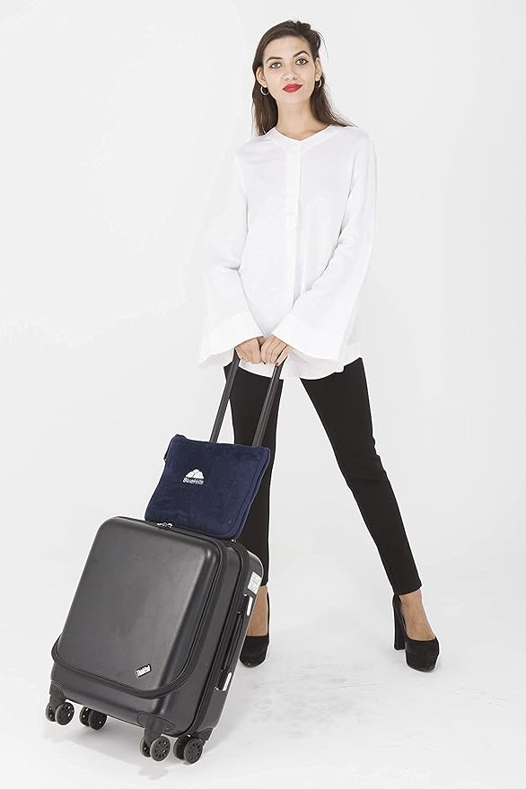 BlueHills Premium Soft Travel Blanket Pillow Airplane Blanket Packed in Soft Bag Pillowcase with Hand Luggage Belt Compact Pack Large Long Flight Essentials Portable Navy Blue T002