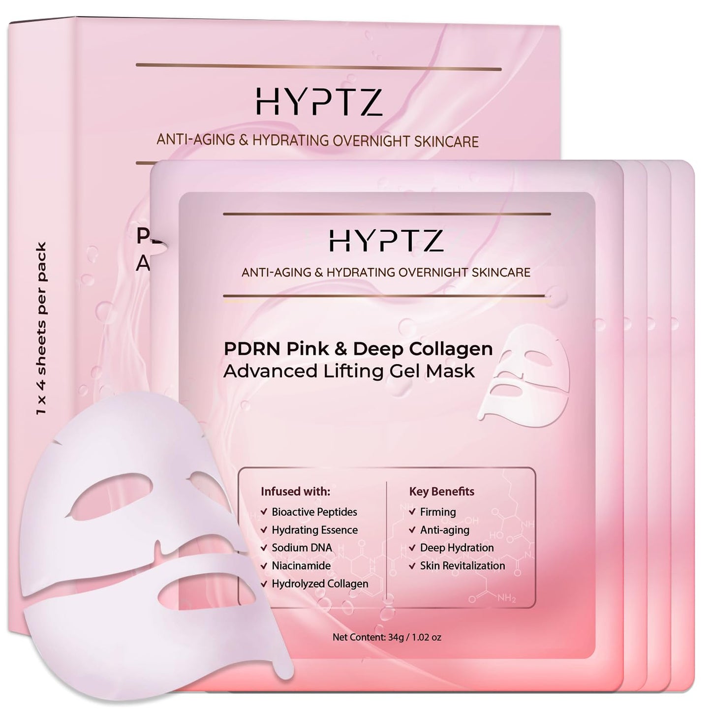 Salmon DNA PDRN Collagen Face Mask – Korean Skincare Hydrogel Overnight Collagen Face Mask for Glass Skin – Lifting, Firming, Moisturizing & Pore Refining – 4 Jelly Masks for Women and Men
