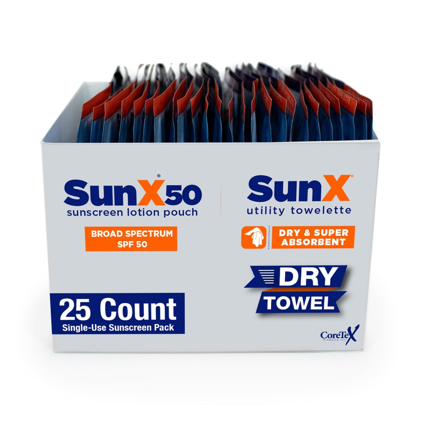 CoreTex Sun X 50 Broad Spectrum Sunscreen Packets & Dry Towels Duo Kit - Pack of 25 Paraben, Oxybenzone, Octinoxate, & Oil Free Sunscreen - No White Cast and Water & Sweat Resistant Up to 80 Minutes