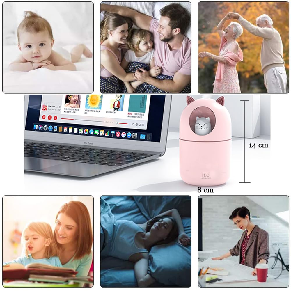 Portable Small Humidifier, YIMIKE 300ml Mini Cool Mist Humidifier with Night Light, USB Personal Humidifier Auto Shut-Off, Ultra-Quiet, 2 Spray Modes, Suitable for Home Office Travel (Light Pink)