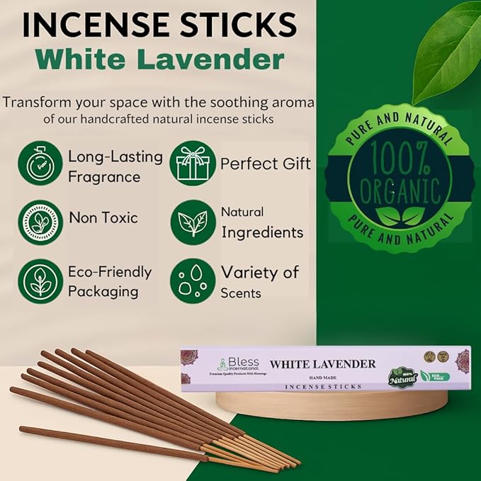 Bless-White-Lavender 100%-Natural-Handmade-Hand-Dipped-Incense Organic-Chemicals-Charcoal-Free Purification-Relaxation-Positivity-Yoga-Meditation Best-Woods-Scent (500 Sticks(26 OZ))