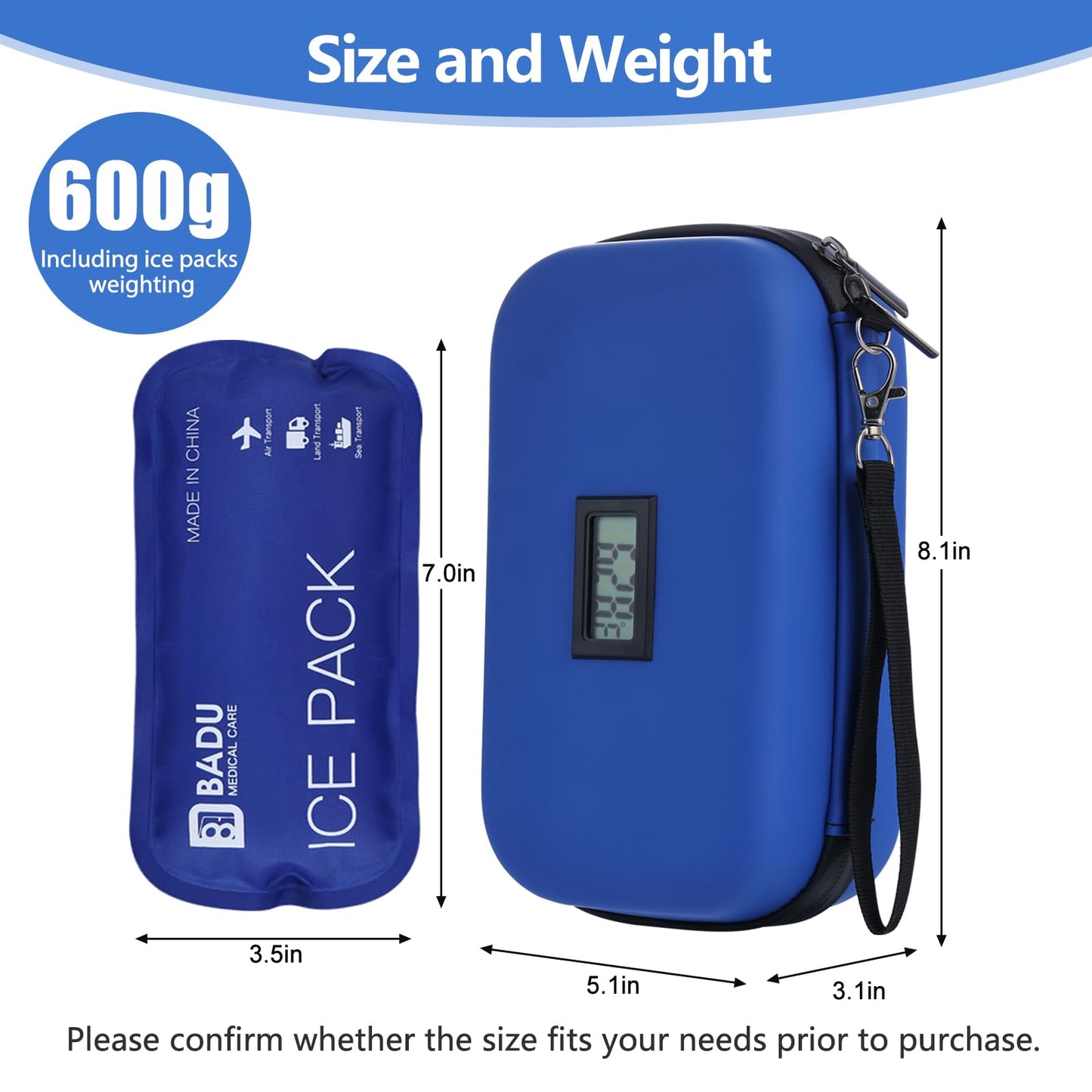 HIMDUZE Insulin Cooler Travel Case TSA Approved Refrigerated Medicine Cooler for Travel w/Thermometer Temperature Diabetic Travel Case w/2 Reusable Ice Packs for Daily Life Trip, Blue