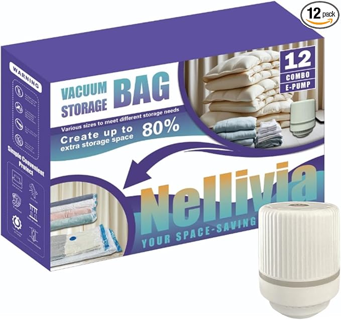 12 Pack Vacuum Storage Bags with Electric Pump, Compression Space Saver for Comforters, Bedding, Blanket Storage, Vacuum Seal Bags for Clothing, Luggage and Closet Organizer,