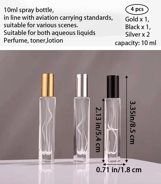 4 Pcs 10ML Transparent Glass Travel Refillable Mini Perfume Bottles Fine Mist Perfume Atomizer, Small Empty Sample Containers,For Perfume, Toner, Lotion(Gold/Sliver/Black Lid)