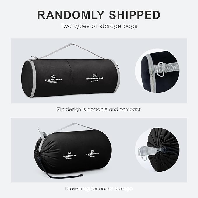 Travel Pillow and Blanket Set Neck Pillows Travel Essentials with Sleep Mask for Airplane Car Memory Foam Black