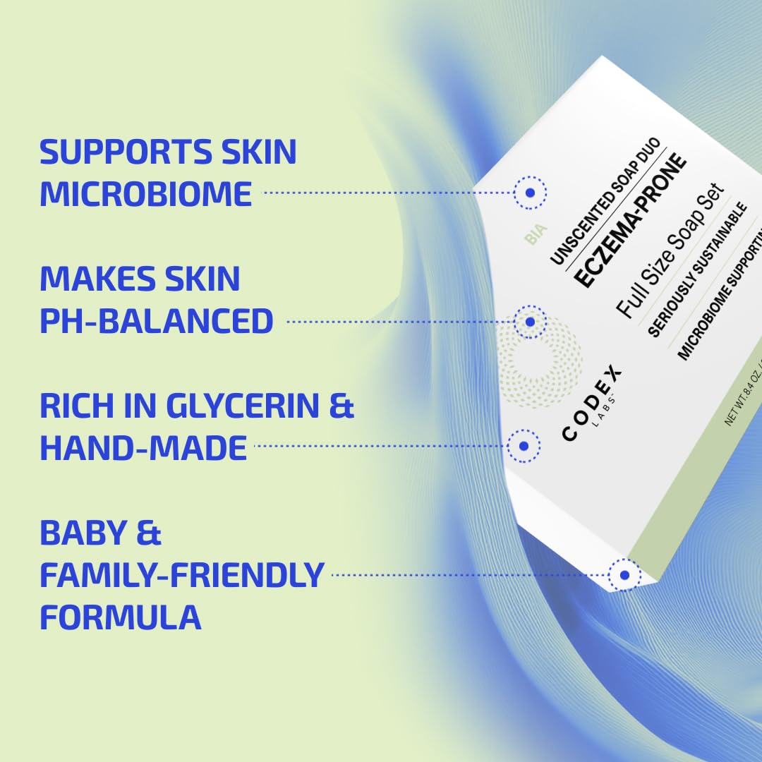 Codex Labs Eczema Soap for Kids & Adults – 2-Pack Unscented Eczema Hand Soap Bars with Shea Butter, Olive Oil & Calendula – Microbiome-Supporting, pH-Balanced, Clinically Tested – 8.4 oz Total