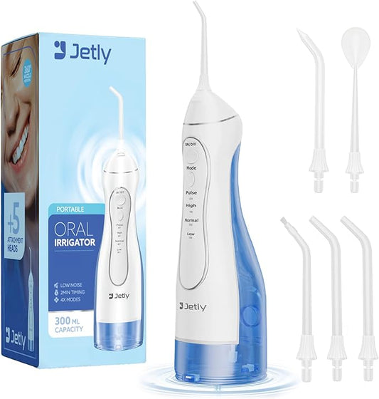 JETLY Water Dental Flosser Teeth Pick Cleaner: Travel Cordless Oral Irrigator 300ML Capacity Portable Rechargeable IPX7 Waterproof Electric Flossing Machine for Teeth Cleaning (White)