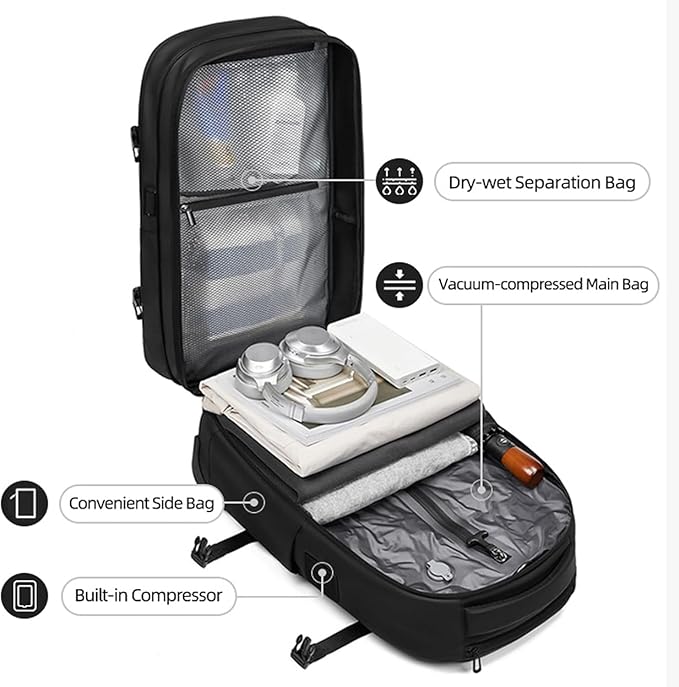 21" Vacuum Compression Backpack with Wheels, Expandable, Waterproof, Carry On Travel, Laptop Bag, Flight Approved Luggage Rolling Suitcase Backpacks(Built-in Vacuum Backpack with wheels)