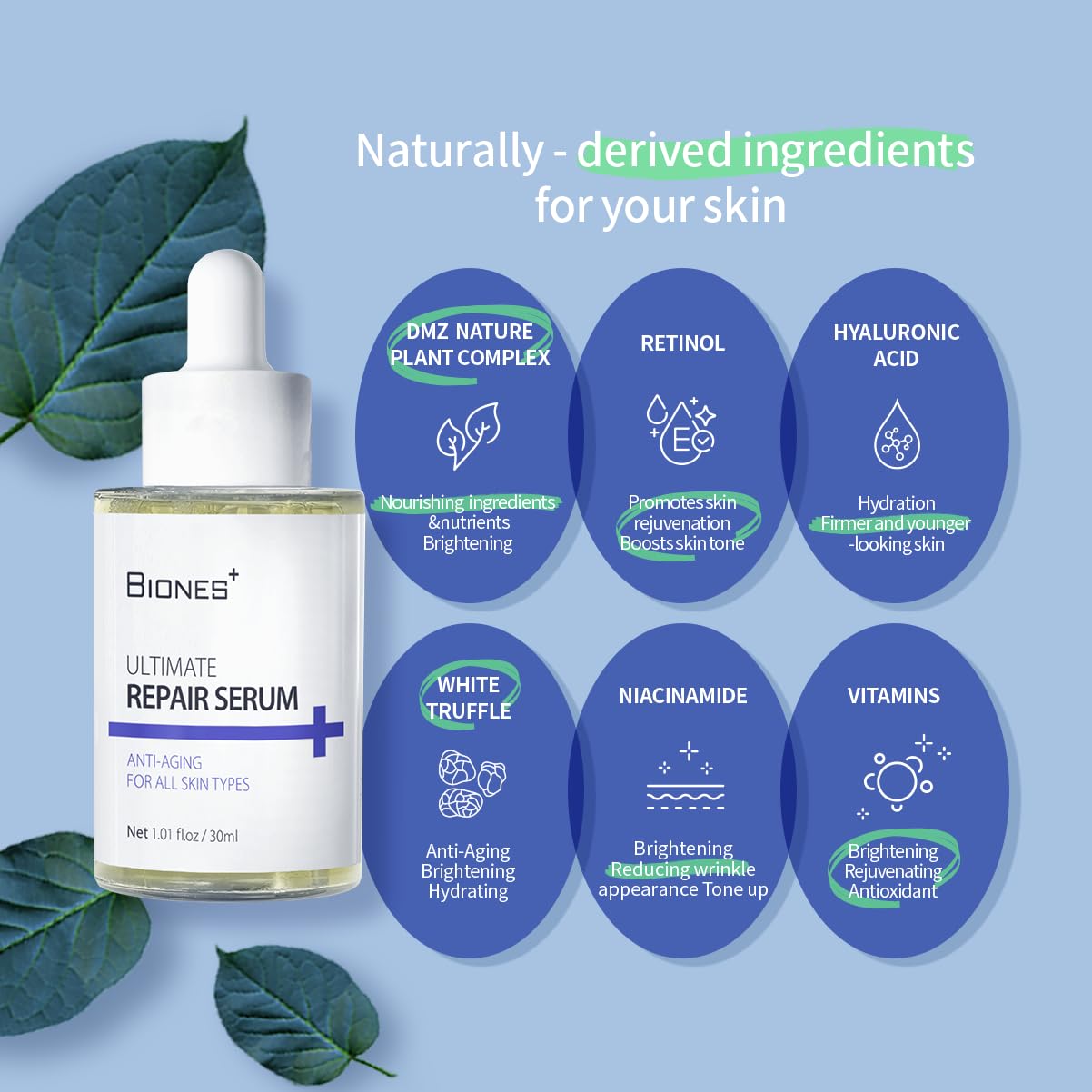 BIONES Serum for Face - DMZ Natural Plant Complex Anti Aging Wrinkle Repair Facial Serum - White Truffle, Vitamin C, Retinol and Hyaluronic Acid serum for Brightening, Firming, & Hydrating for Face