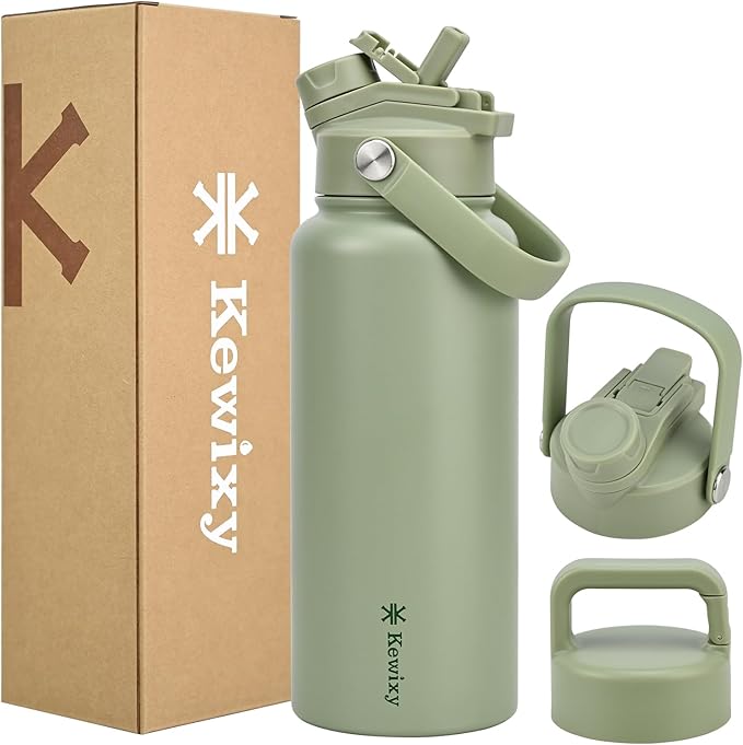 32 oz Insulated Water Bottle, 2-in-1 Lid, Straw & Spout with Protected, Leak Proof, Keep Cold, Stainless Steel, Metal, Reusable, Handle, for Outdoor, Gym and School, 2 Lids, Sage Green