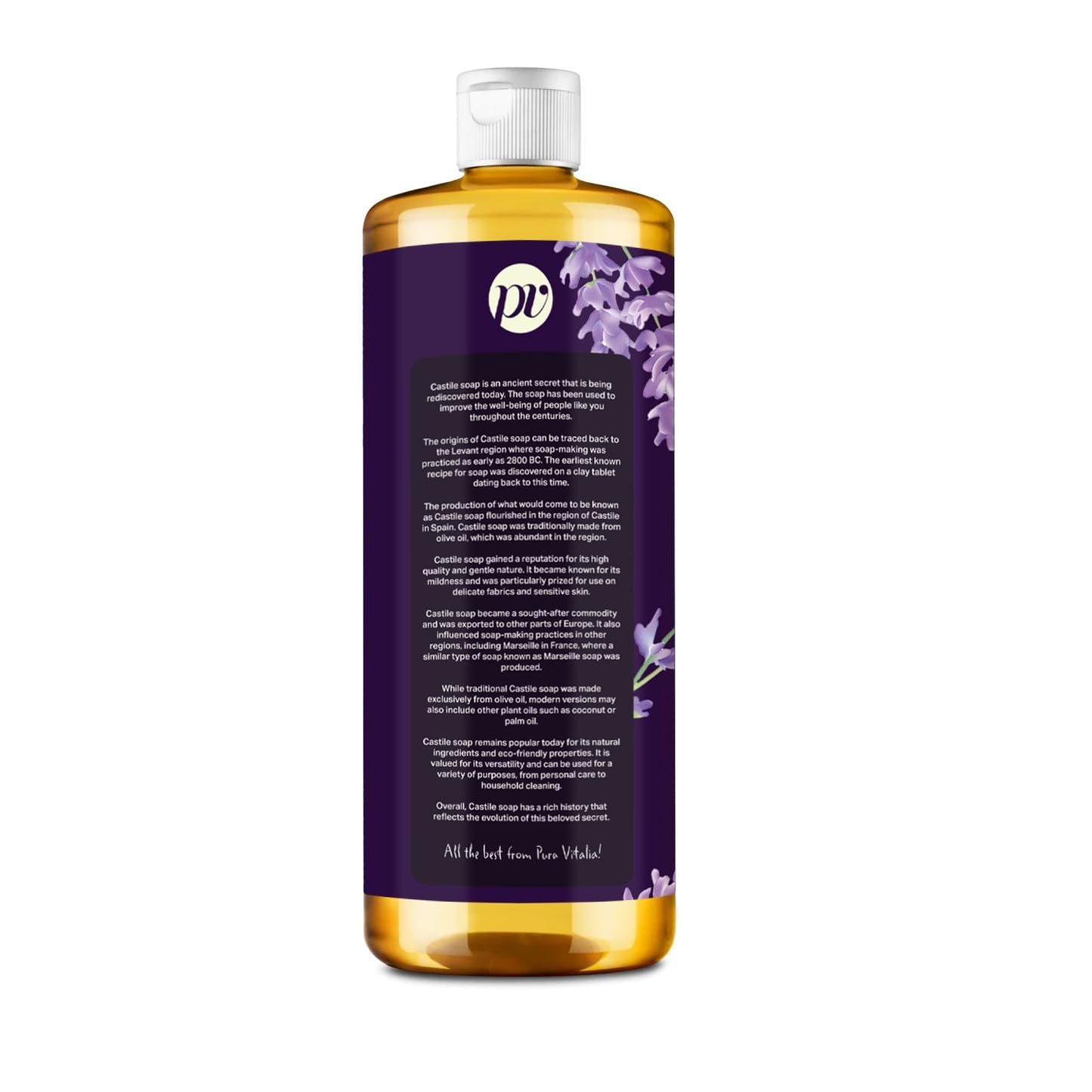 Pura Vitalia Lavender Organic Castile Soap | Body Wash & Cleanser for Face & Hands | Biodegradable, Eco-Friendly, Palm Oil Free, Vegan & Gentle | Made with 6 Natural Ingredients - 32 oz