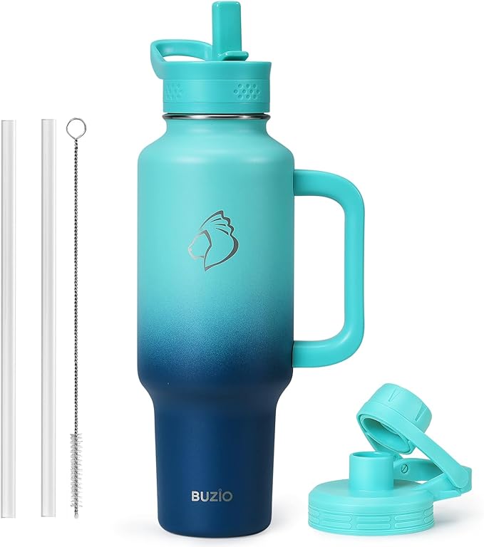 BUZIO Stainless Steel Water Bottle Fits in Cup Holder with Straw Spout Lid, 40 oz Insulated Tumbler with Handle, Double Wall Travel Mug Keep Cold 48hrs Hot 24hrs, Caribbean Blue
