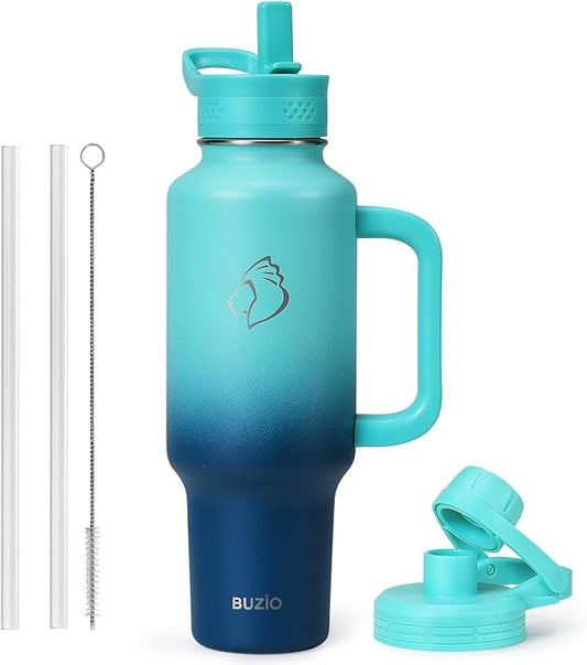 BUZIO Stainless Steel Water Bottle Fits in Cup Holder with Straw Spout Lid, 40 oz Insulated Tumbler with Handle, Double Wall Travel Mug Keep Cold 48hrs Hot 24hrs, Caribbean Blue