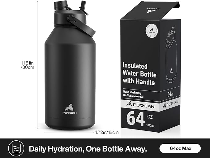 64 oz Insulated Water Bottle with 2-in-1 Straw and Spout Lid, Keep Cold 24H, Leak-Proof, BPA-Free, Double Wall Stainless Steel Water Bottle for Sports, Gym, Travel, and School (Dark Knight)