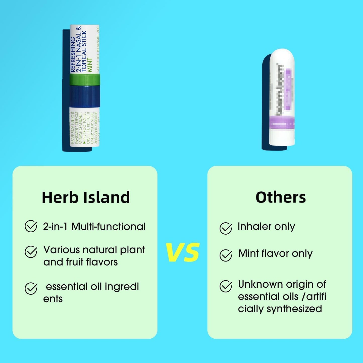 Herb Island 2 in 1 Nasal Stick Inhaler, Nose Refreshing VapoInhaler, Essential Oil Rub, On-The-Go, Freshing, Focus, Awake (3 pcs, Greengrape)