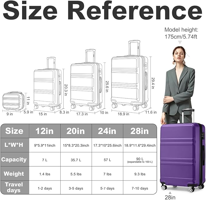 Kono 4 Piece Luggage Sets Expandable(only 28") Lightweight with Spinner Wheels TSA Lock Hardside Travel Rolling Suitcases 20in 24in 28in Carry on and 12in Mini Cosmetic Case Purple