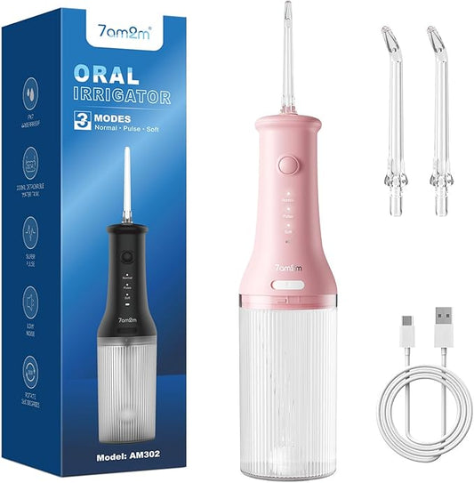 7AM2M Portable Water Flosser Cordless, Water Flosser with 3 Modes and 2 Jet Tips, USB C Rechargeable, IPX7 Waterproof, Dental Water Flosser for Travel and Home Use (Pink)